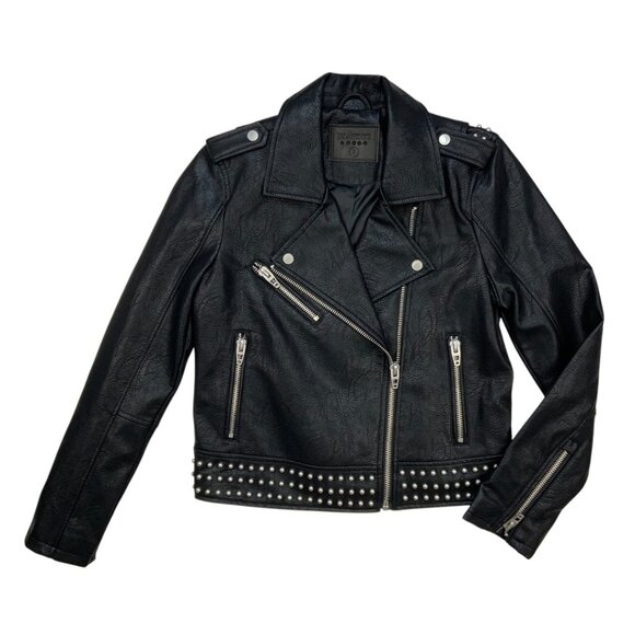 BlankNYC Faux Leather Biker Studded Jacket S Black Zipper Cuffs Zip Front Moto - Picture 12 of 13